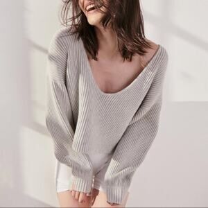 Lunya‎ Cozy Cotton Silk Reversible Pullover Sweater Grey Heather Sz L Ribbed